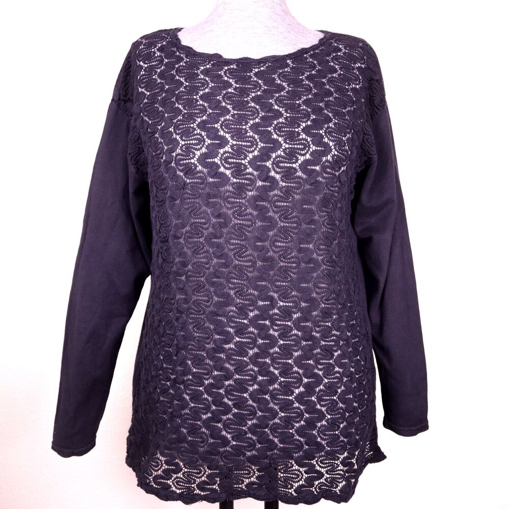 VTG Lou Nardi Top Black Crochet Lace Mesh Open Knit Sheer Couquette 90s